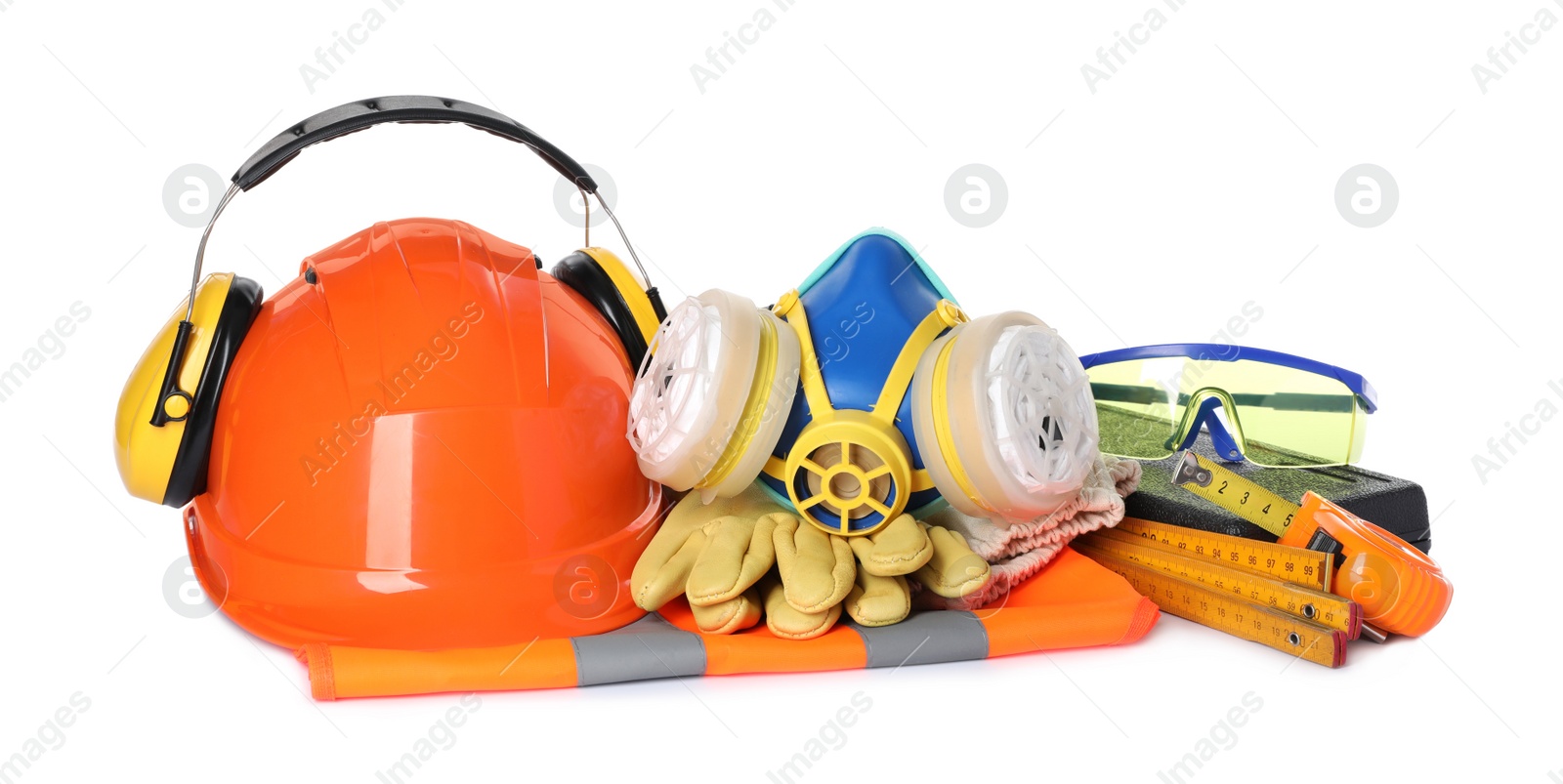 Photo of Different personal protective equipment and tools on white background