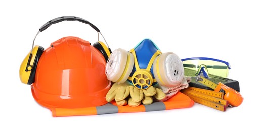 Different personal protective equipment and tools on white background