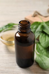 Photo of Essential oil of broadleaf plantain on light wooden table, closeup