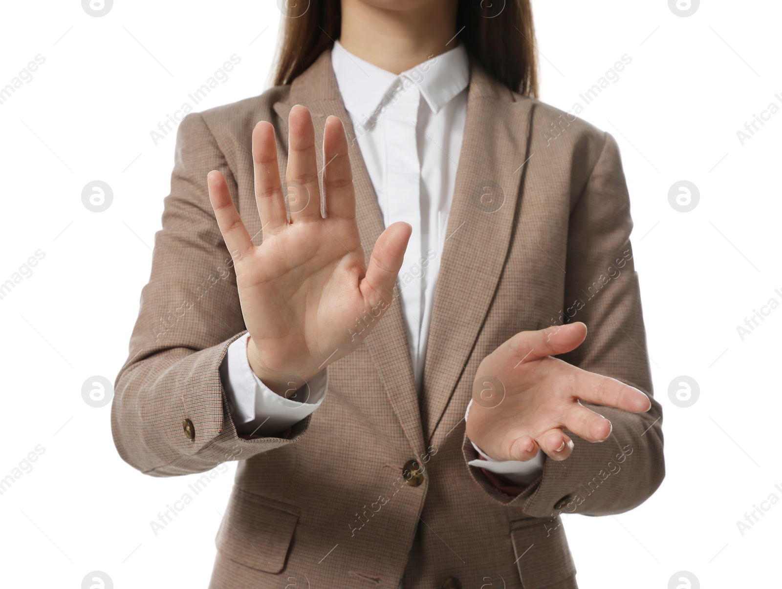 Photo of Businesswoman touching something on white background, closeup