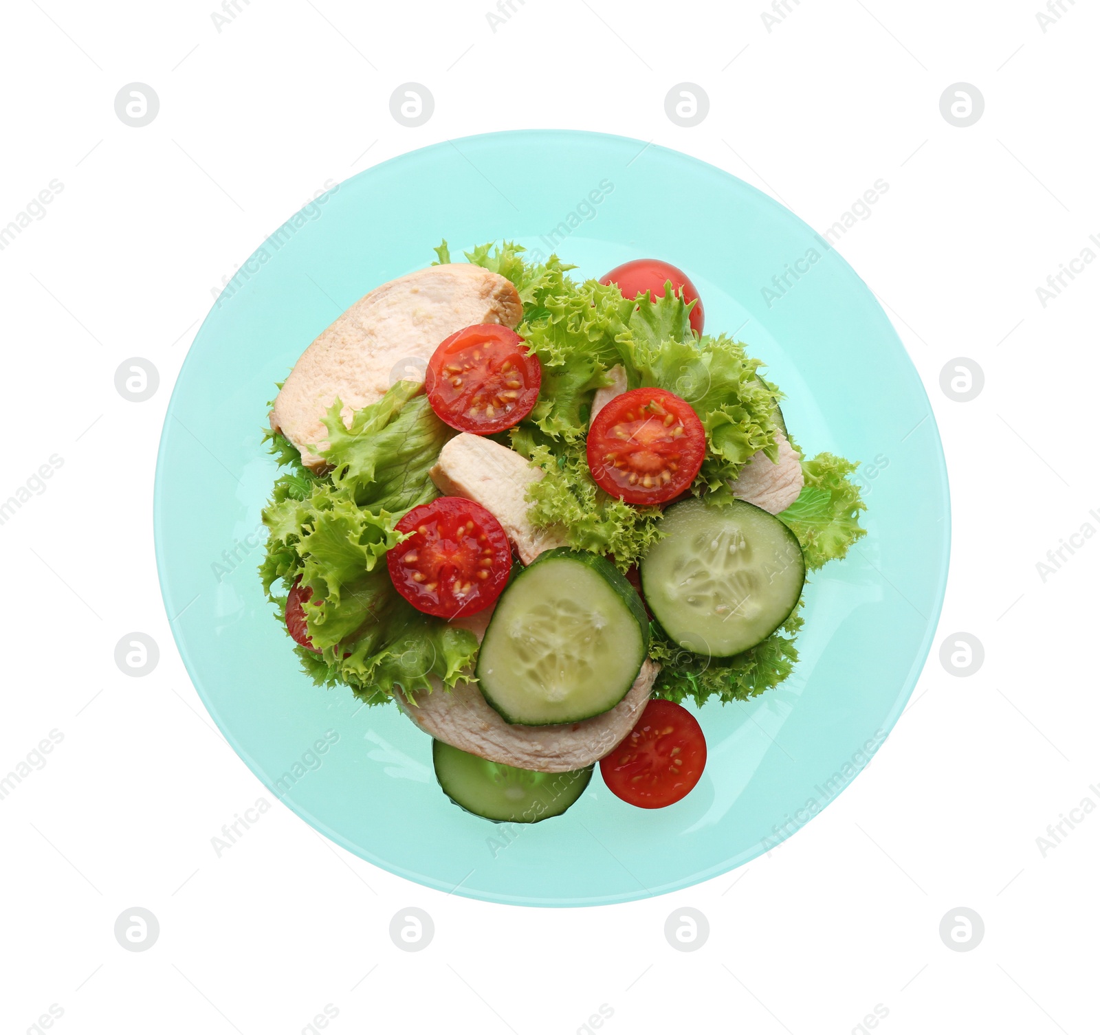 Photo of Delicious salad with chicken and vegetables isolated on white, top view