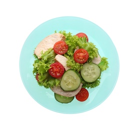 Photo of Delicious salad with chicken and vegetables isolated on white, top view