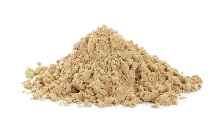 Photo of Heap of aromatic mustard powder on white background