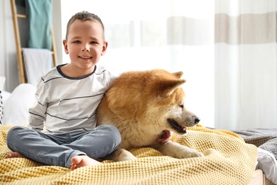 Photo of Happy boy with Akita Inu dog on bed. Little friends