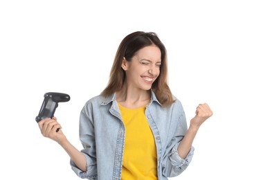 Photo of Happy woman with game controller on white background