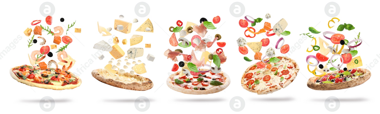Image of Set with delicious pizzas and flying ingredients on white background, banner design 