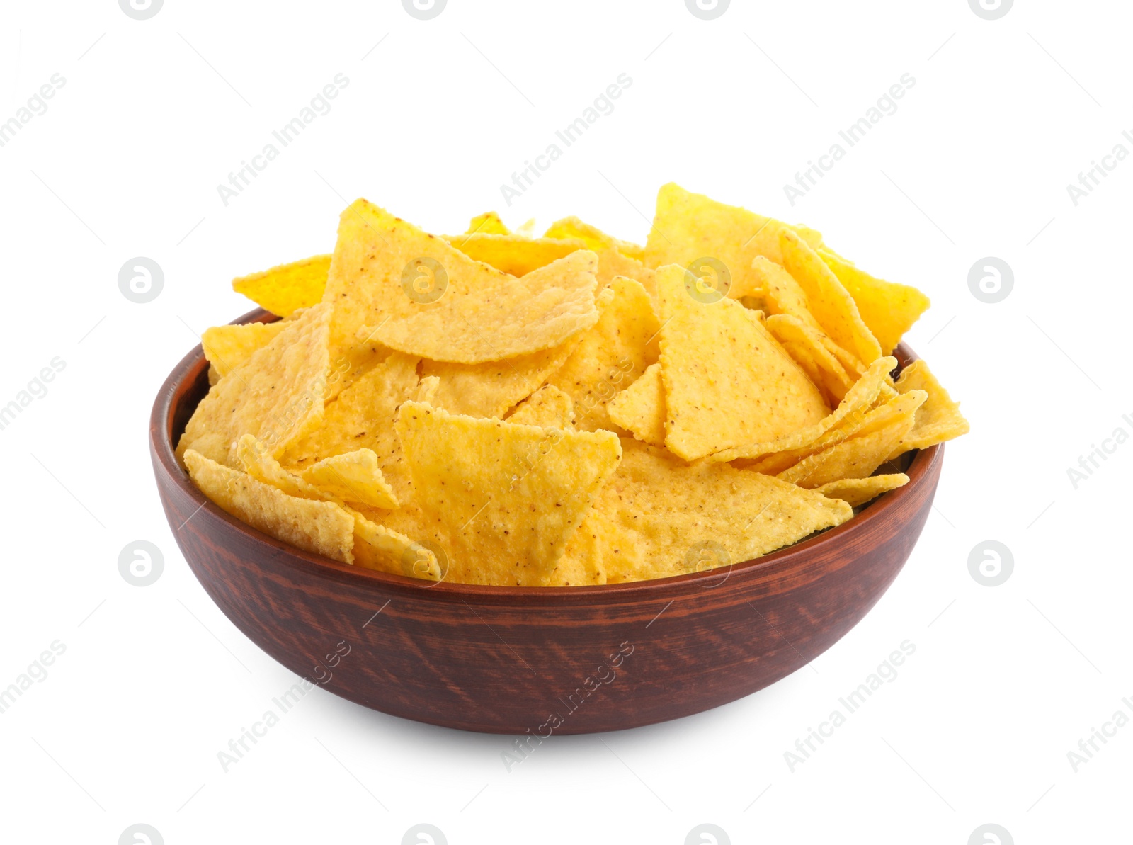 Photo of Bowl of tasty tortilla chips (nachos) on white background