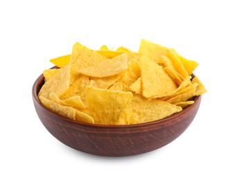 Bowl of tasty tortilla chips (nachos) on white background