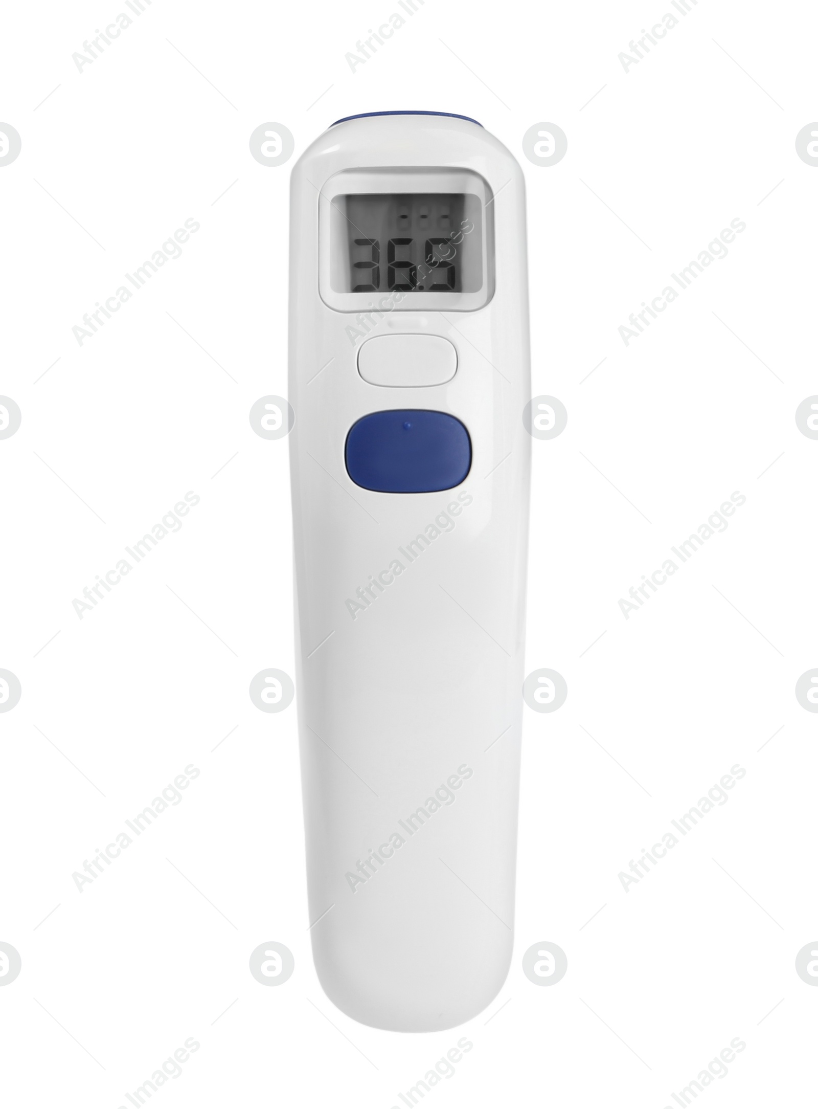 Photo of Infrared thermometer isolated on white. Checking temperature during Covid-19 pandemic