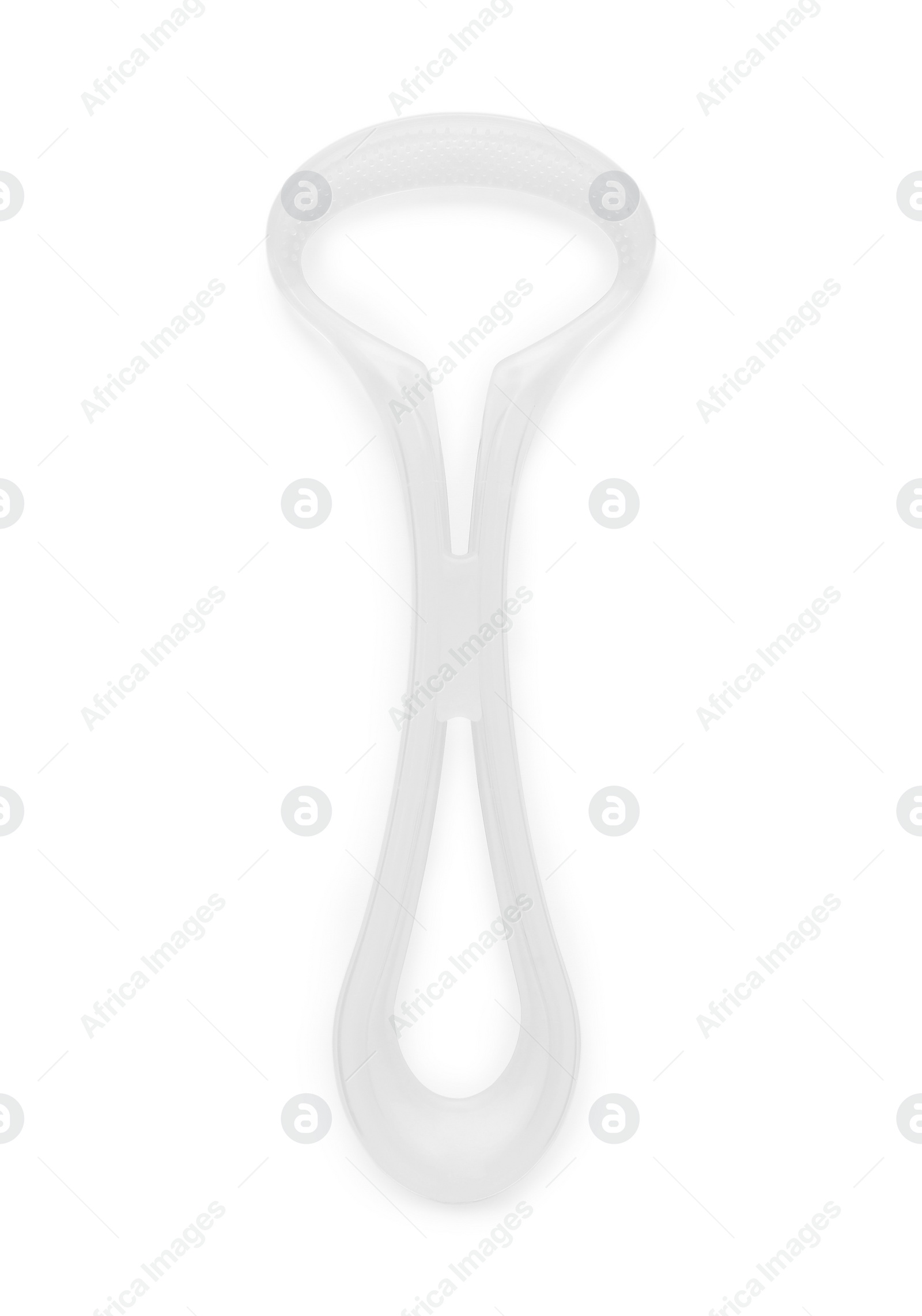 Photo of One plastic tongue cleaner isolated on white, top view. Dental care