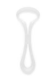 Photo of One plastic tongue cleaner isolated on white, top view. Dental care