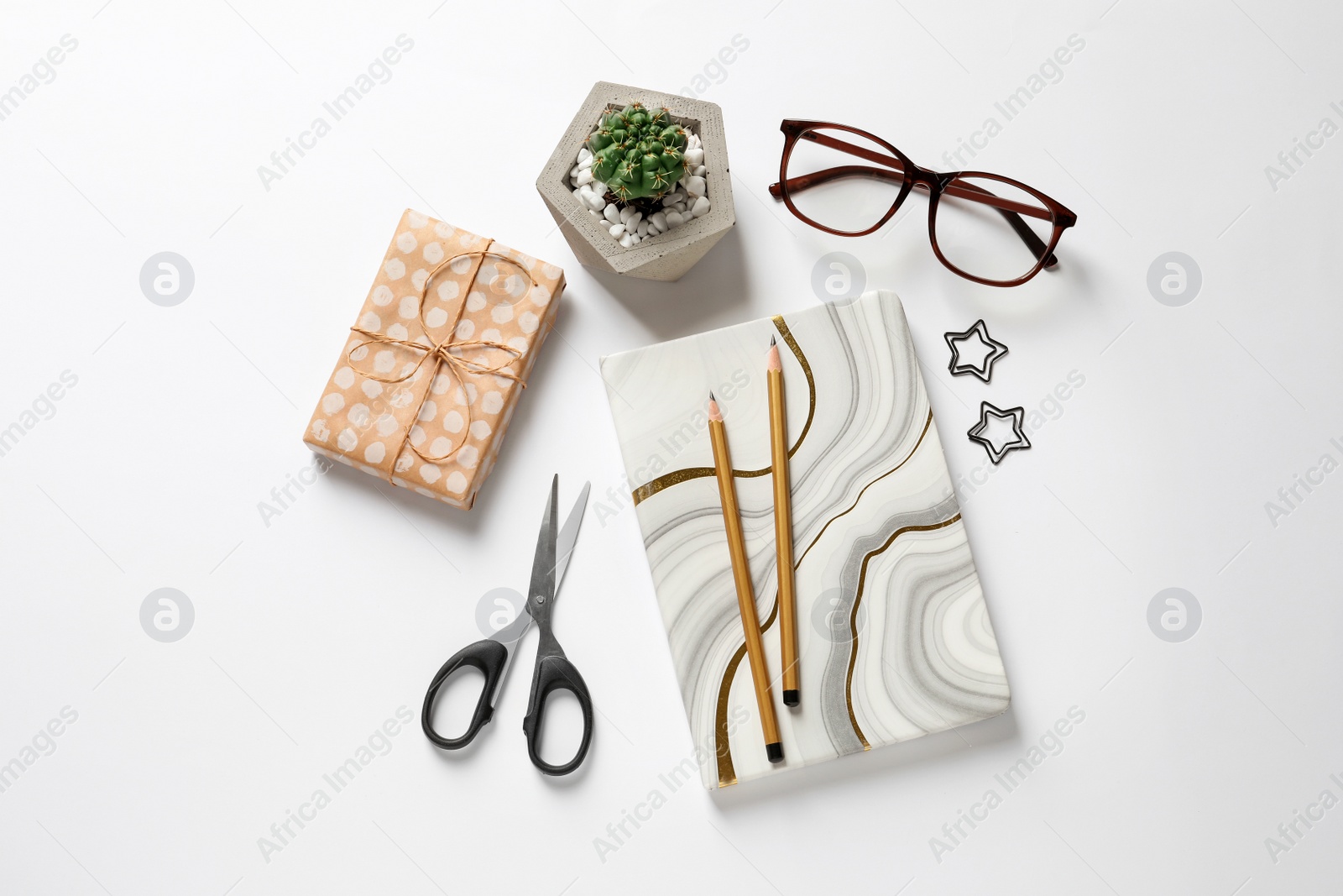 Photo of Composition of scissors, notebook and cactus on white background, top view