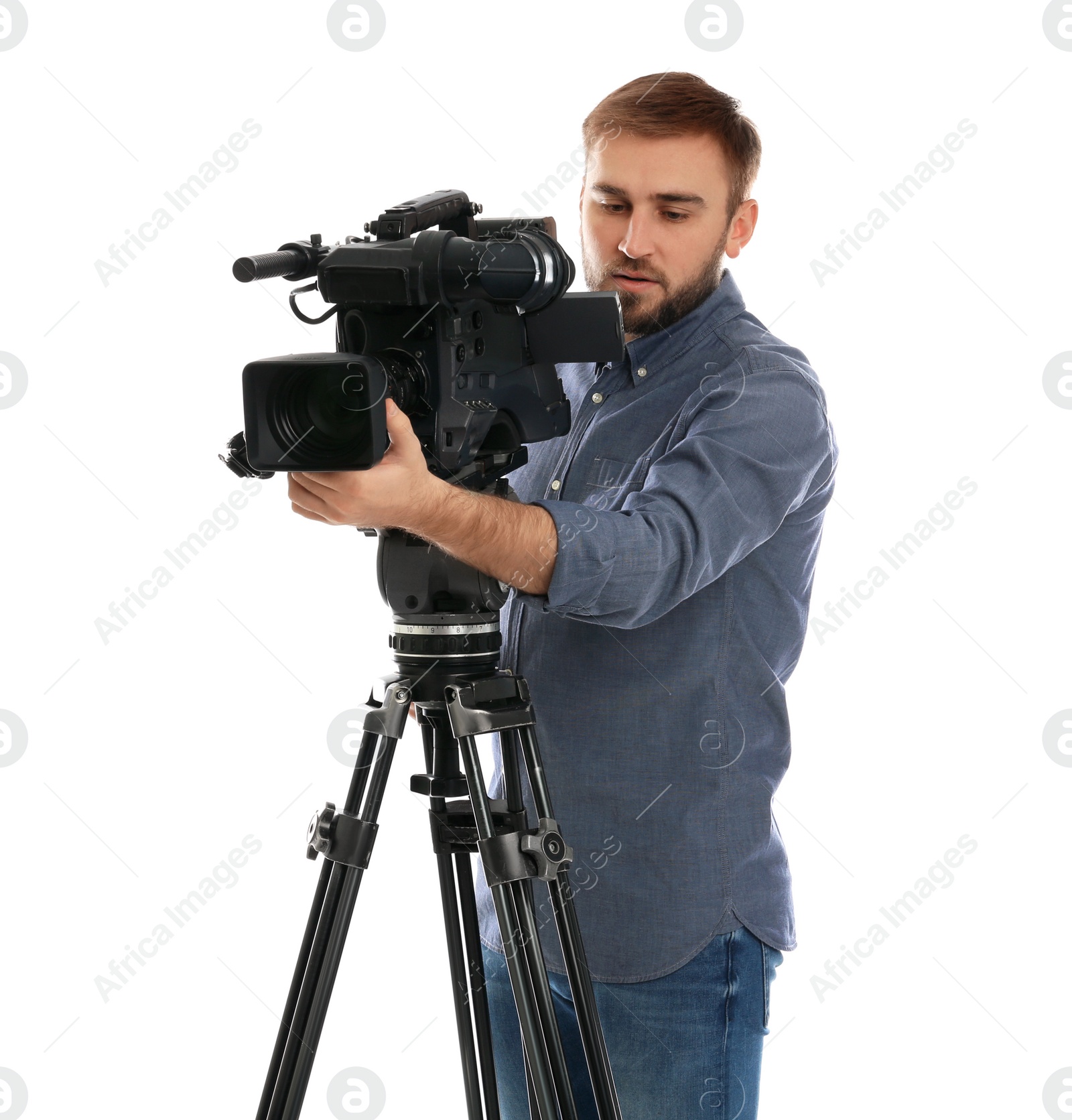 Photo of Operator with professional video camera on white background