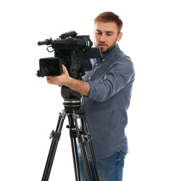 Photo of Operator with professional video camera on white background