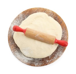 Photo of Raw dough and rolling pin isolated on white, top view