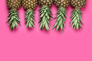 Whole ripe pineapples on pink background, flat lay. Space for text