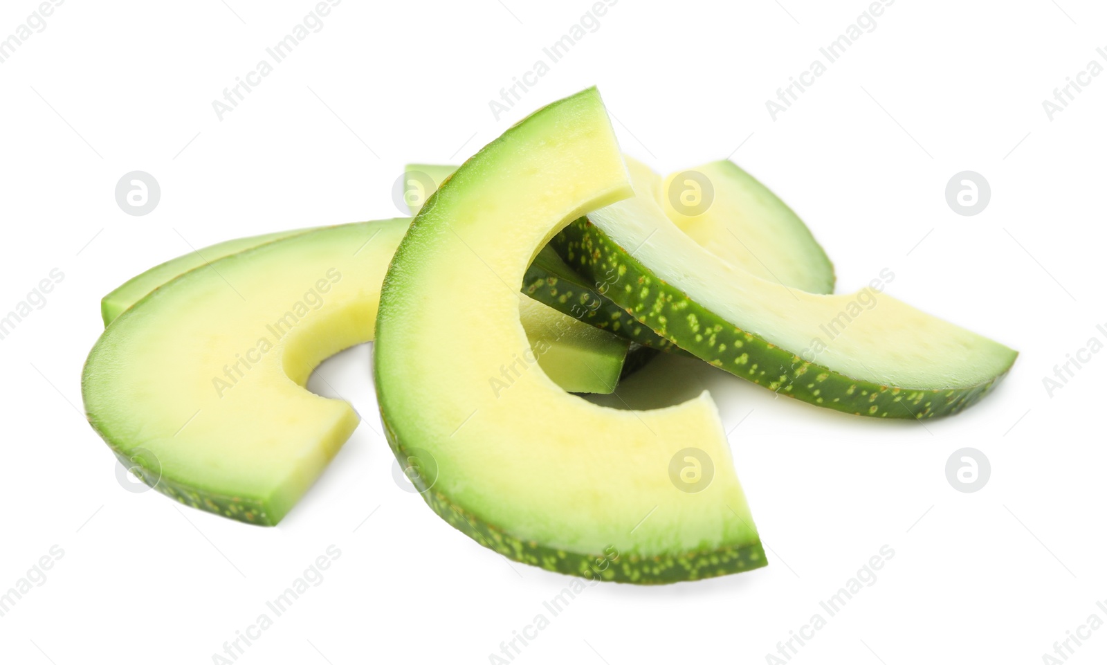 Photo of Slices of tasty ripe avocado on white background