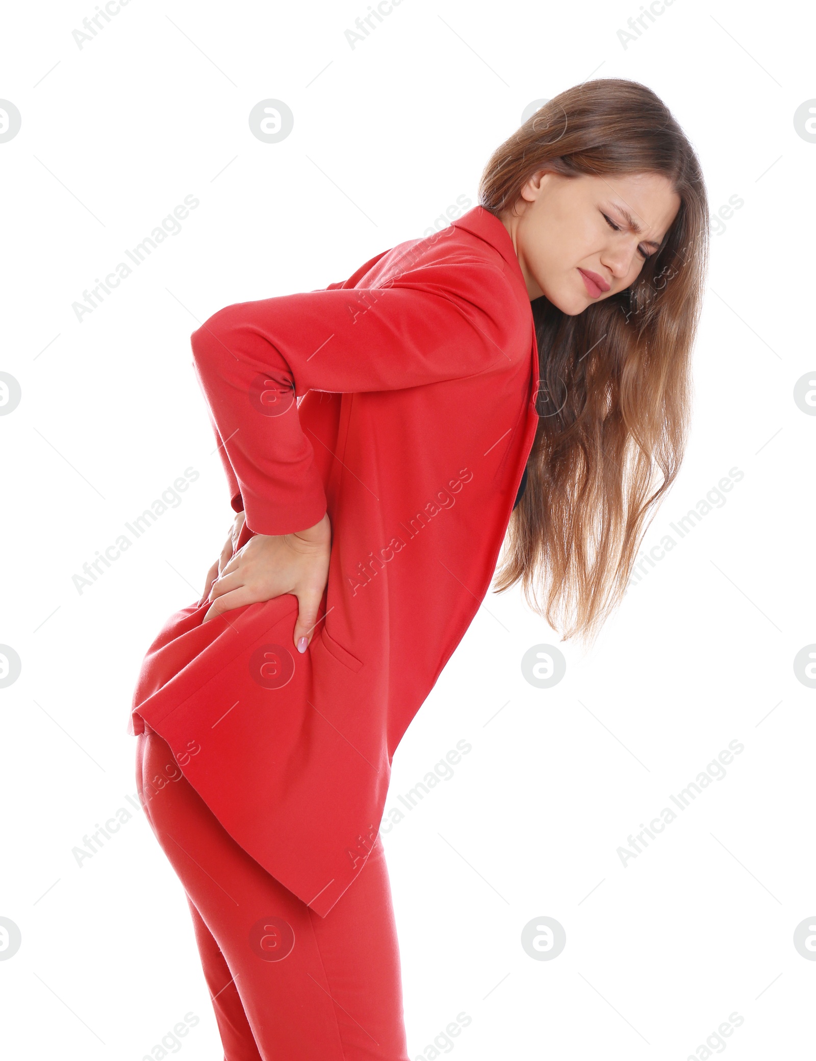 Photo of Woman suffering from back pain on white background