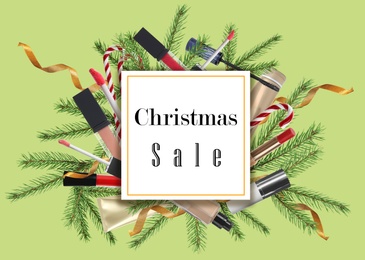 Christmas sale ad with makeup products and decor