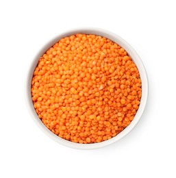 Raw red lentils in bowl isolated on white, top view