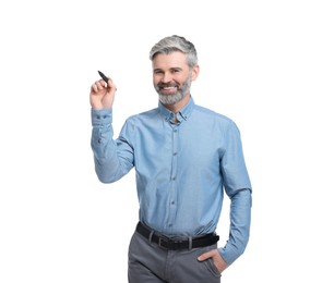 Mature businessman with marker on white background