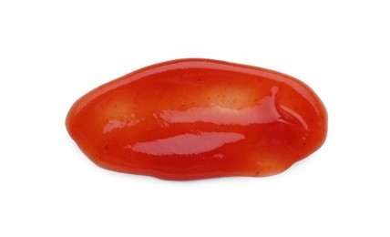 Photo of Tasty ketchup smear isolated on white, top view