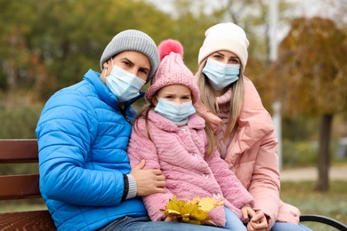 Family in medical masks spending time outdoors on autumn day. Protective measures during coronavirus quarantine