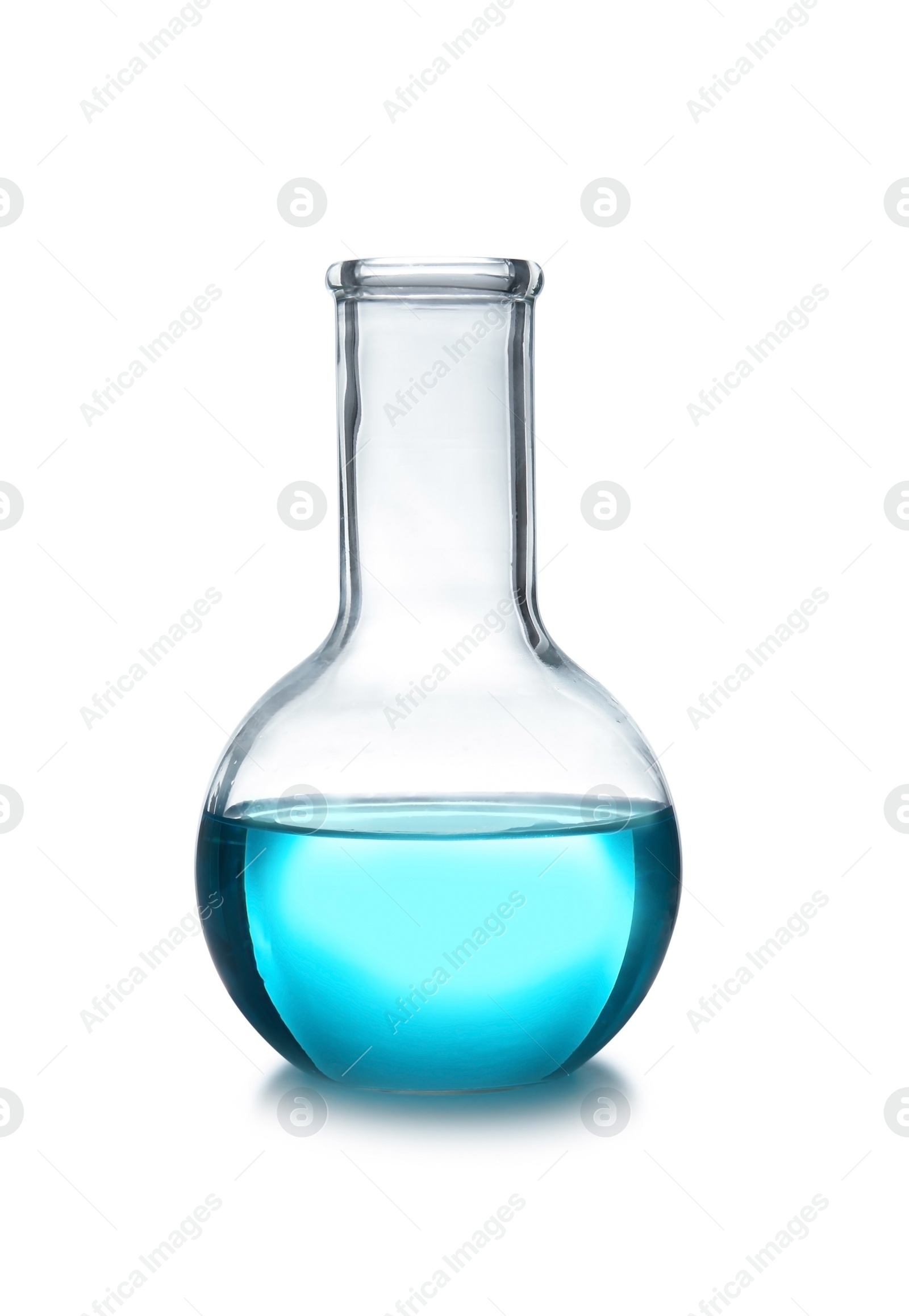 Photo of Flask with liquid on table against white background. Laboratory analysis