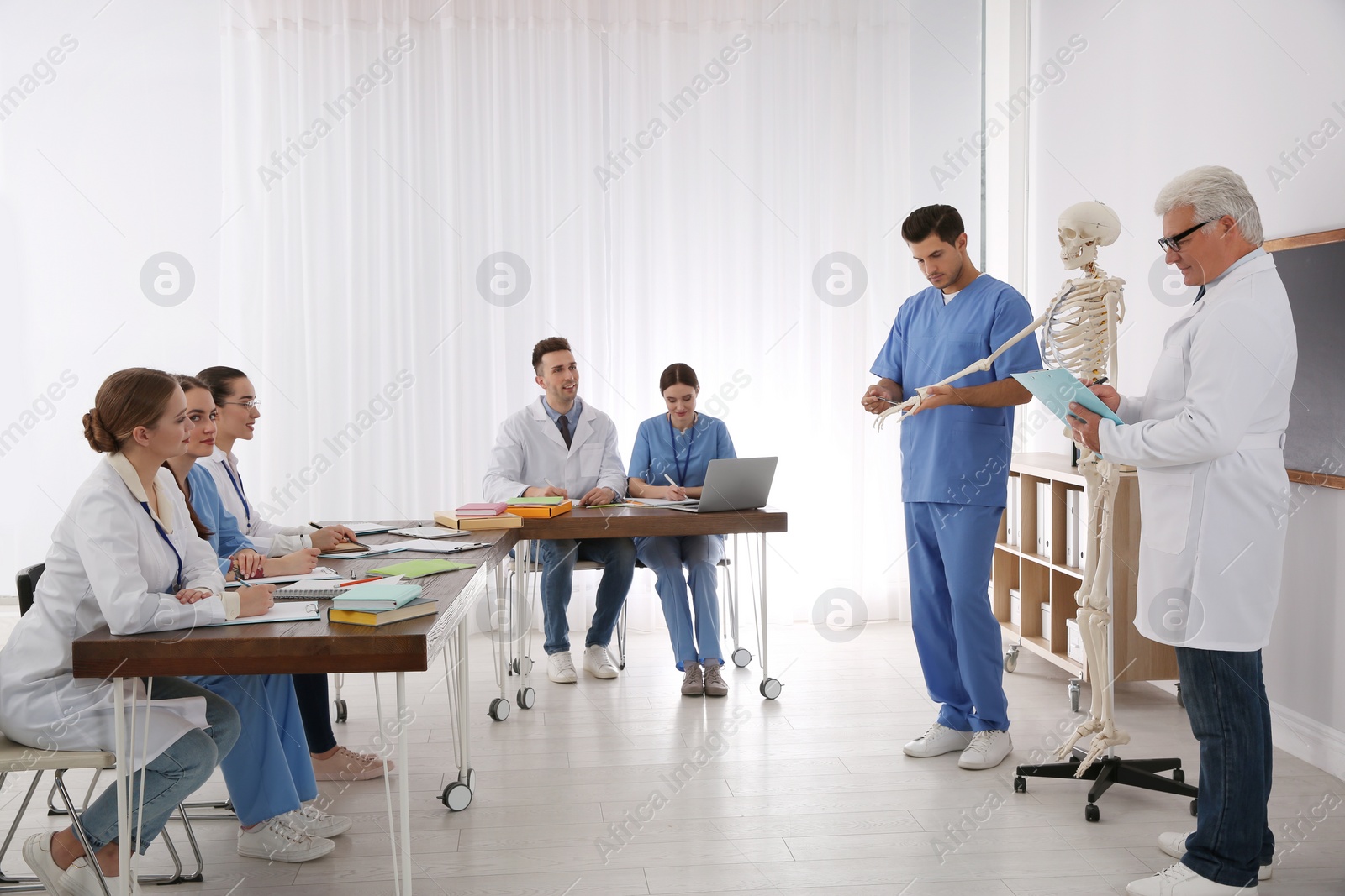 Photo of Medical students and professor studying human skeleton anatomy in classroom