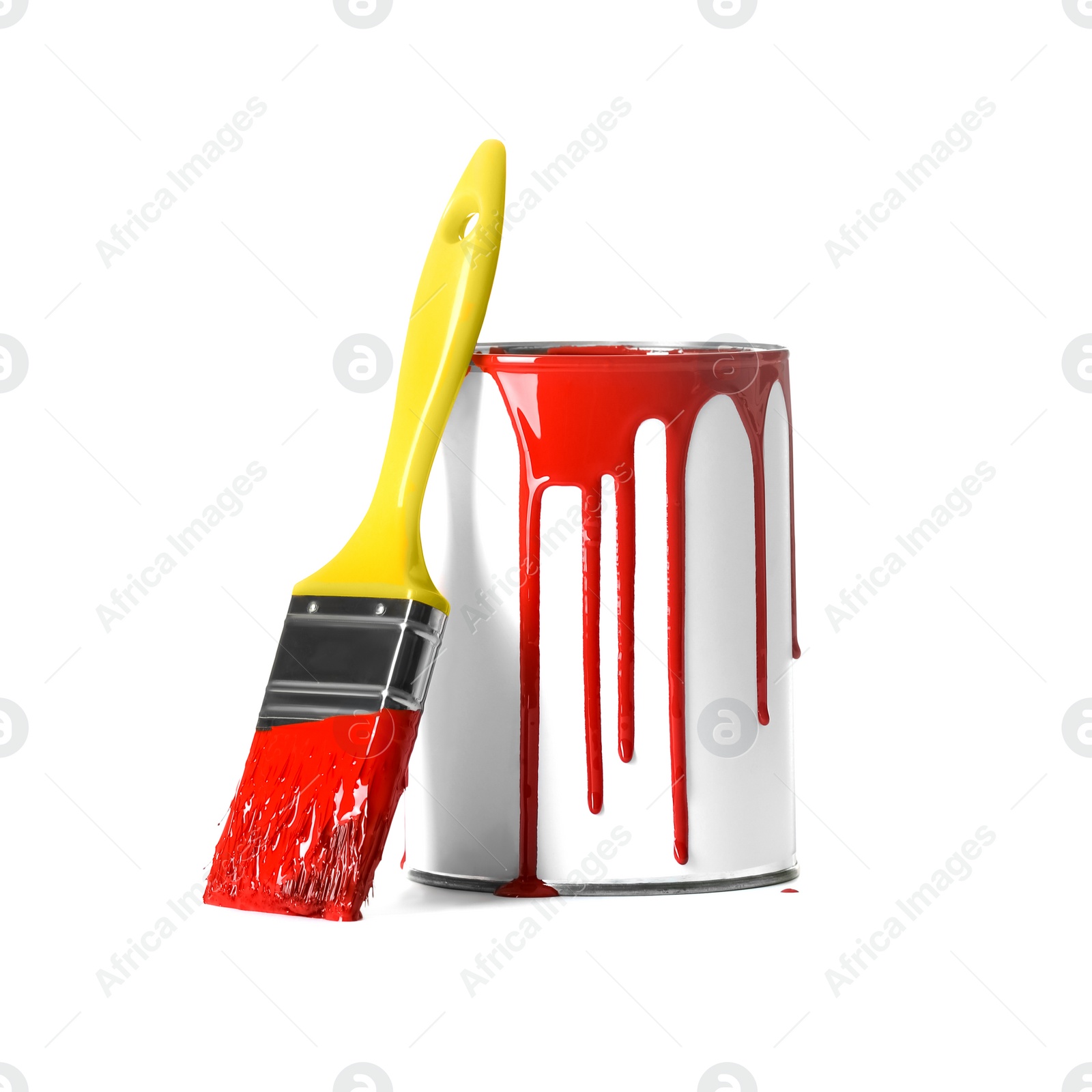 Photo of Open paint can with stains and brush isolated on white