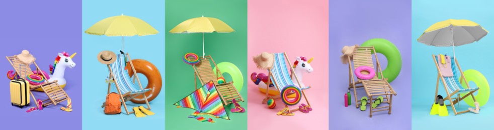 Image of Deck chairs and beach accessories, set with different color backgrounds