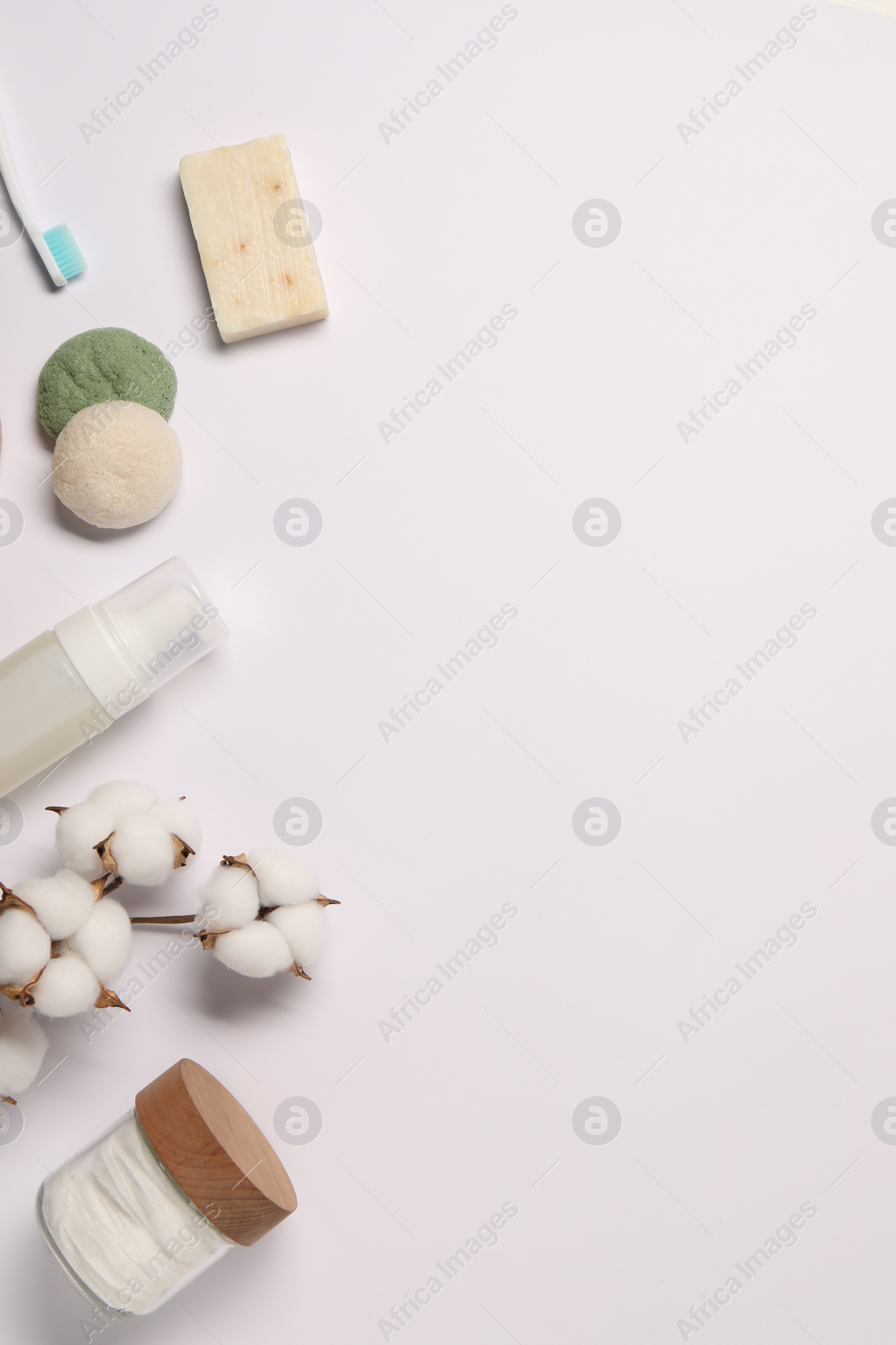 Photo of Bath accessories. Flat lay composition with personal care products on white background, space for text