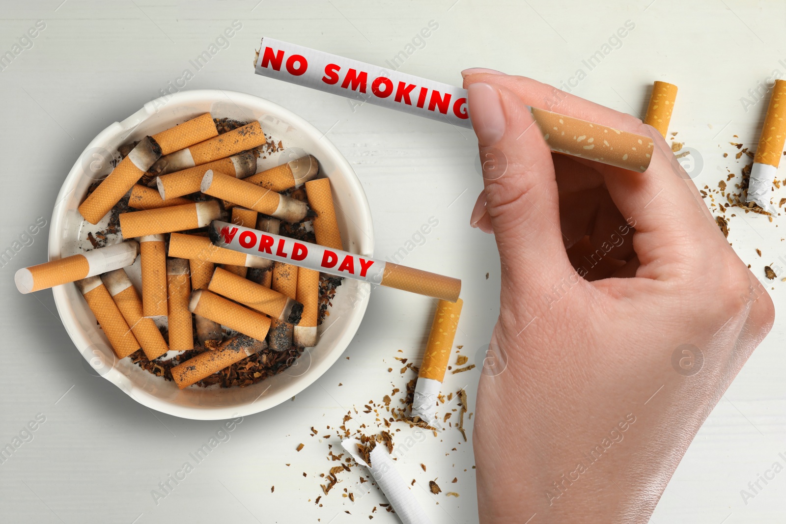 Image of World No Smoking Day. Woman with cigarette near ashtray on white background, top view