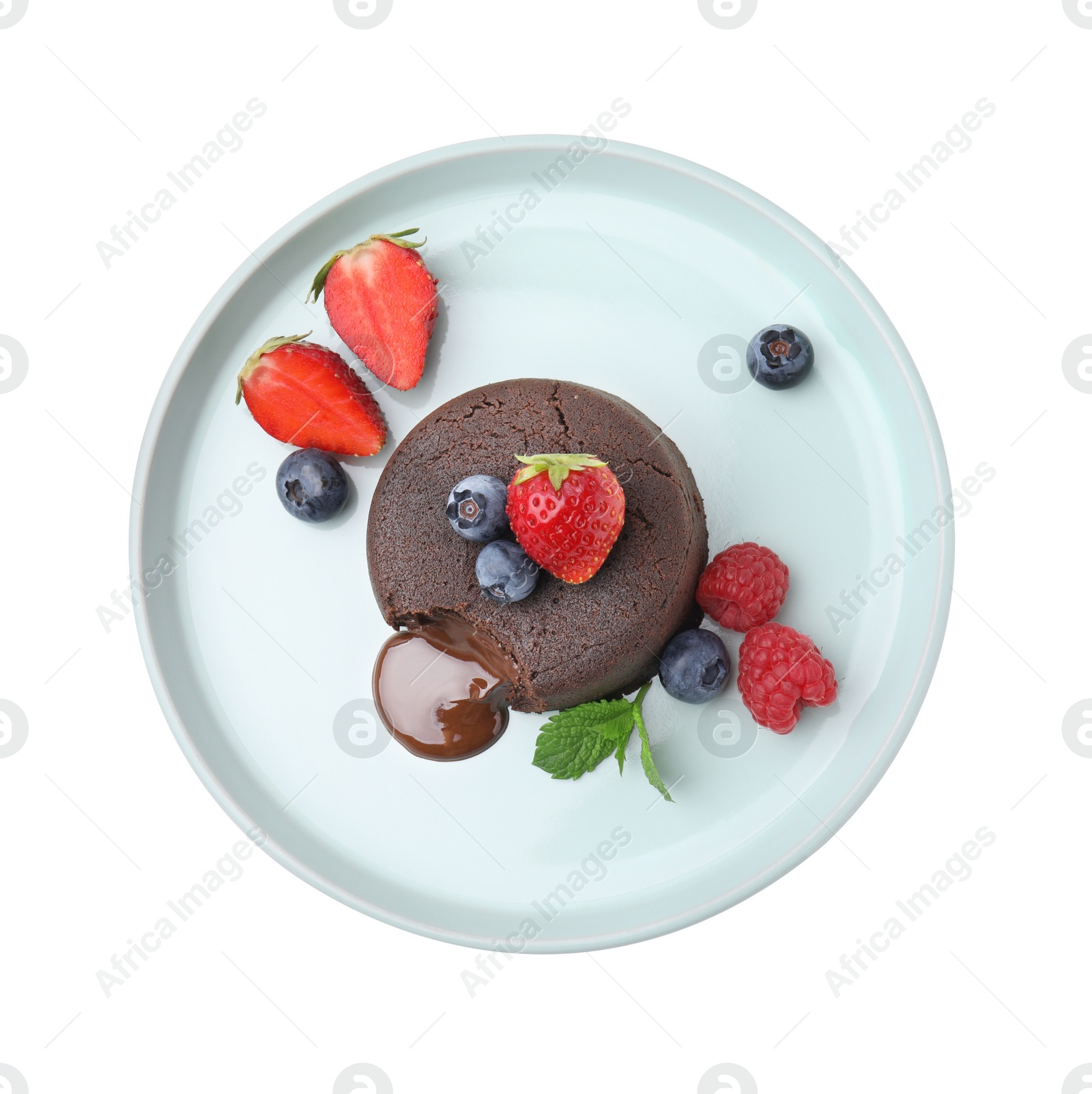 Photo of Plate with delicious chocolate fondant, berries and mint isolated on white, top view