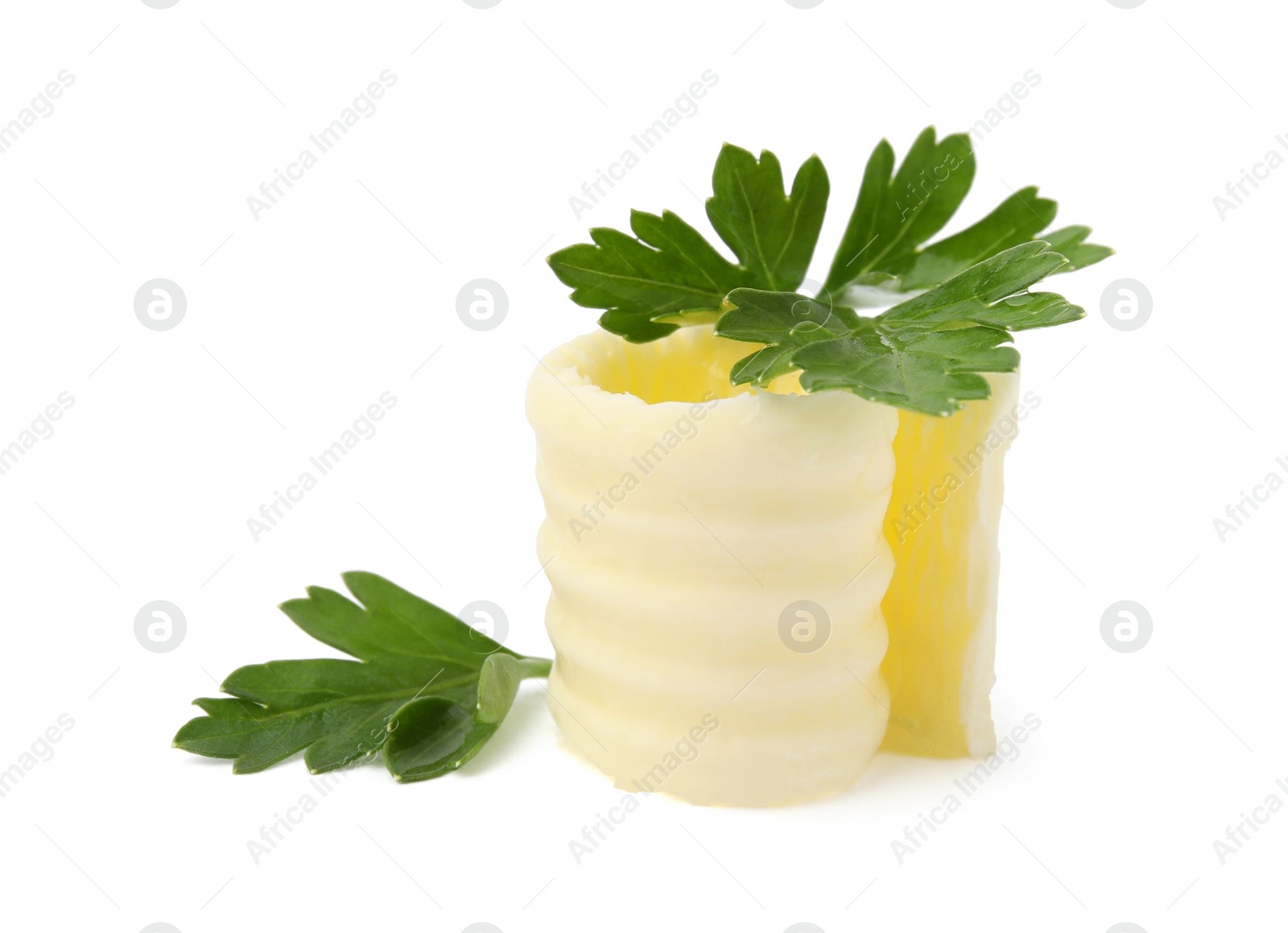 Photo of Tasty butter curl and fresh parsley isolated on white