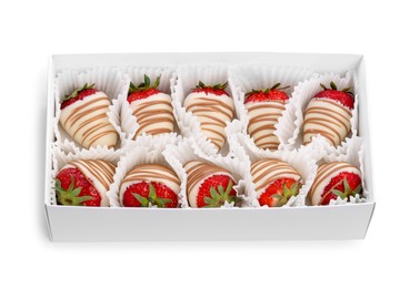 Photo of Box with delicious chocolate covered strawberries isolated on white