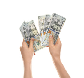 Woman with money on white background, closeup