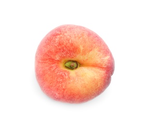 Photo of Fresh ripe donut peach isolated on white, top view