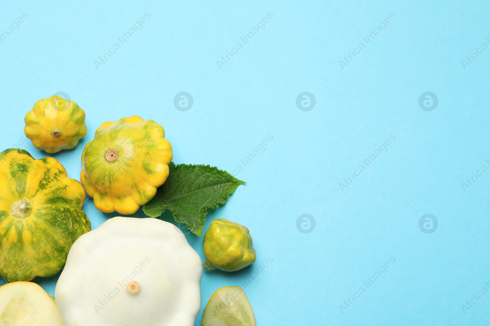 Photo of Fresh ripe pattypan squashes on light blue background, flat lay. Space for text