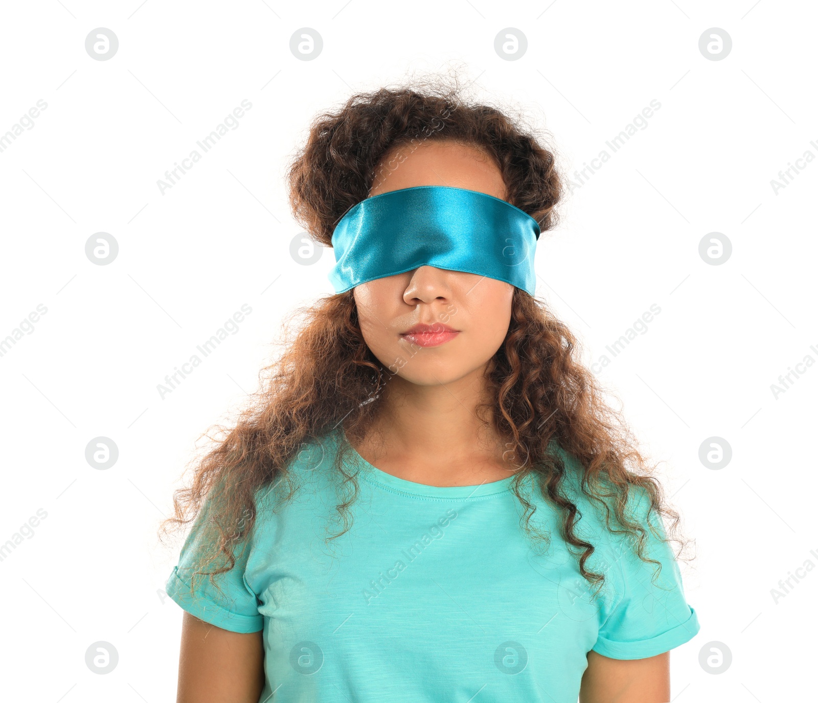 Photo of Young African-American woman with light blue blindfold on white background