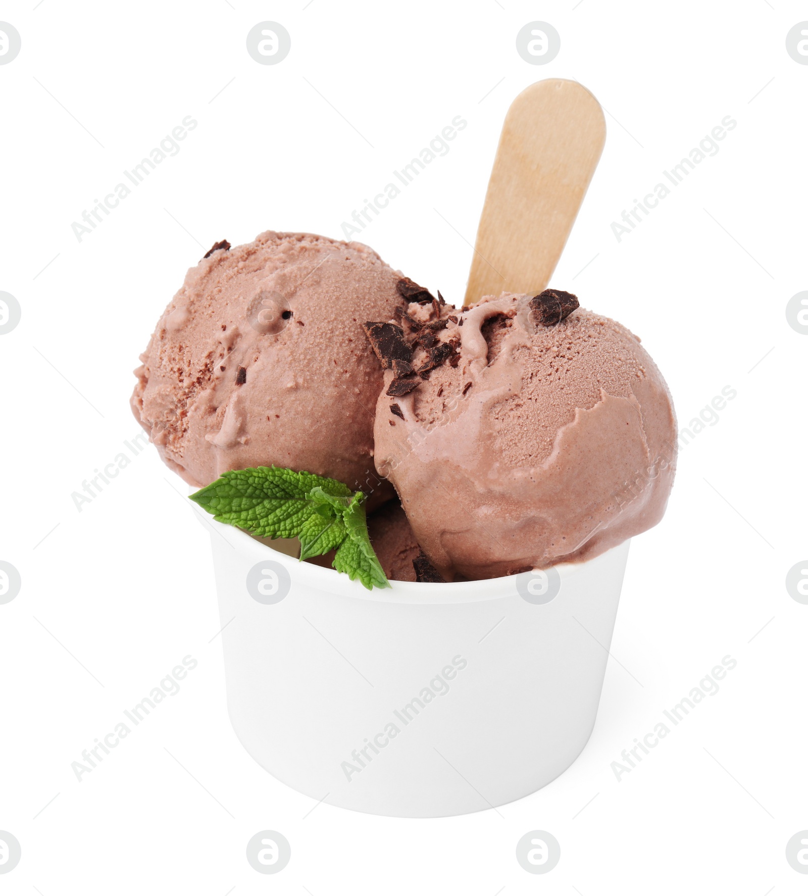 Photo of Paper cup with tasty chocolate ice cream, sticks and mint leaves isolated on white