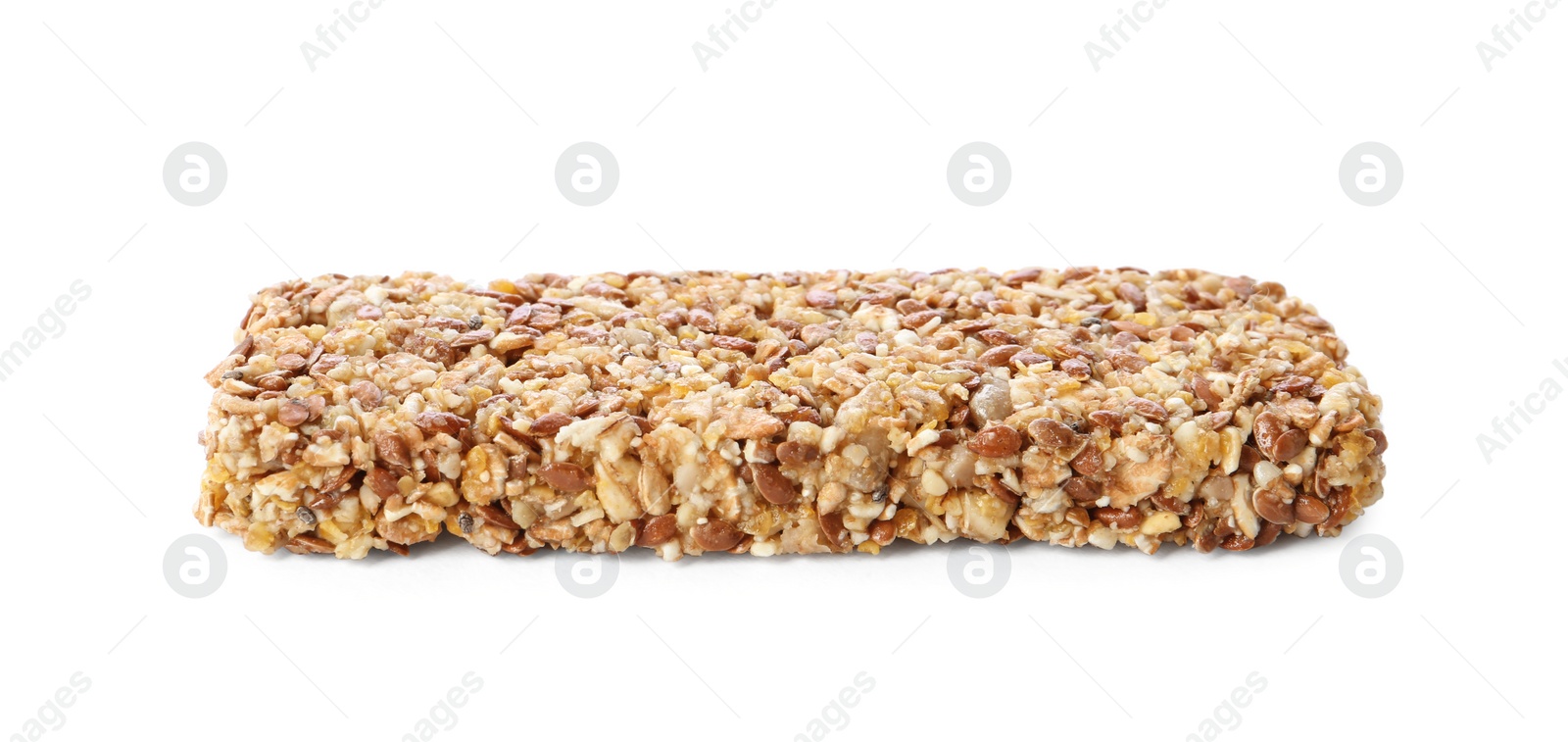 Image of Crunchy granola bar on white background. Healthy snack