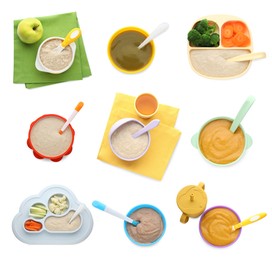 Image of Set with healthy baby food in different dishes on white background, top view