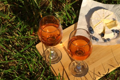 Photo of Wooden board with glasses of delicious rose wine, cheese and blueberries on green grass outdoors