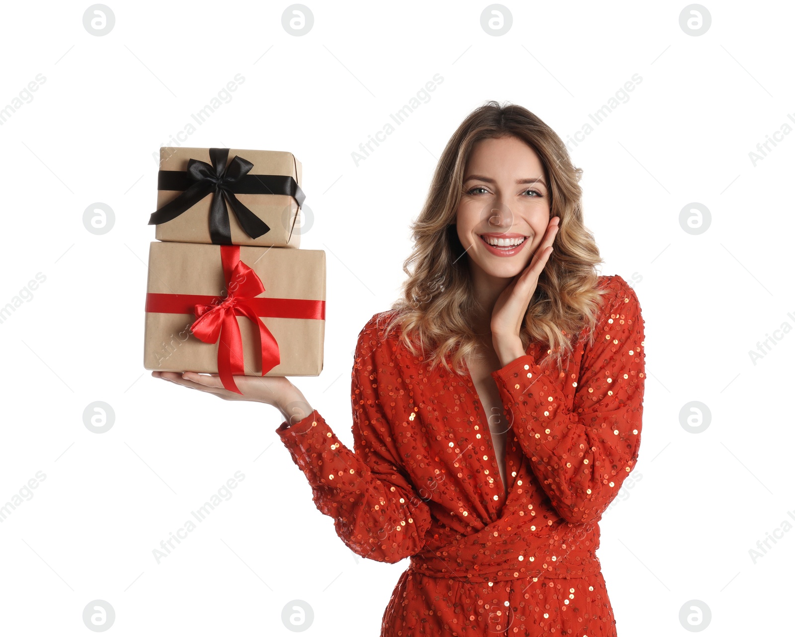 Photo of Beautiful young woman with Christmas presents on white background