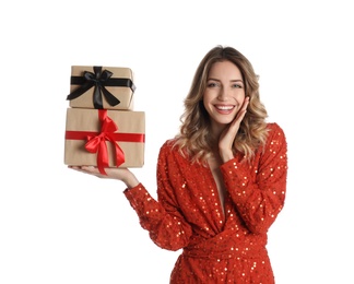 Photo of Beautiful young woman with Christmas presents on white background