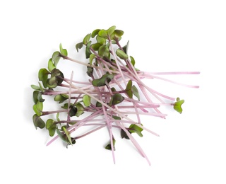 Heap of fresh organic microgreen on white background, top view