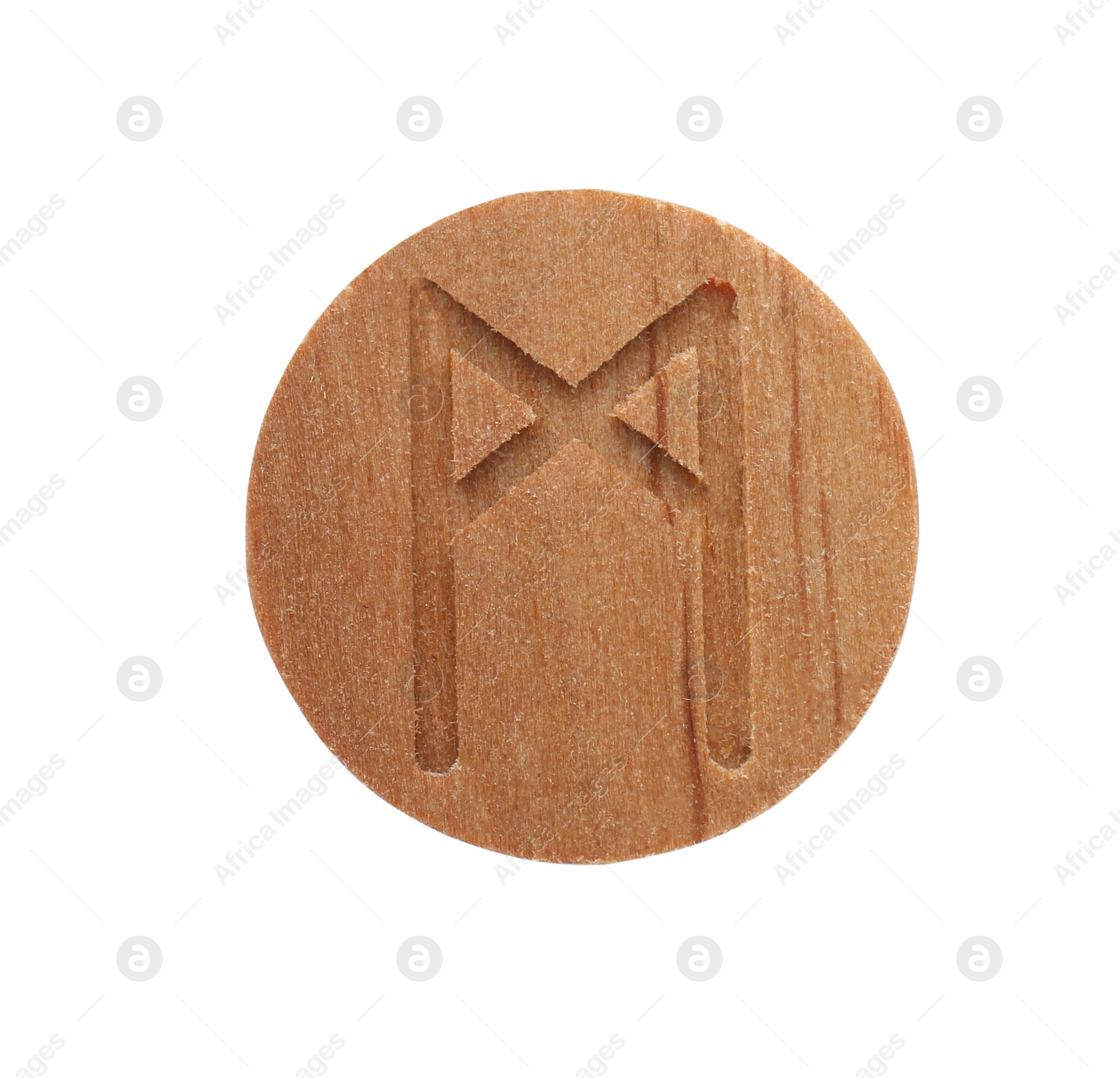 Photo of Wooden rune Mannaz isolated on white, top view