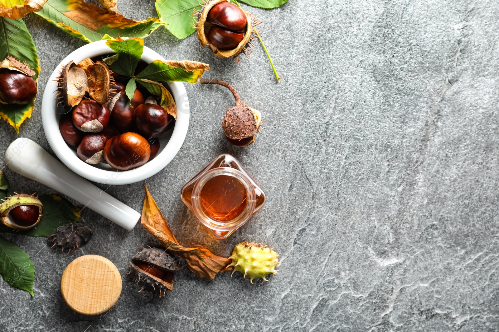 Photo of Flat lay composition with fresh horse chestnuts and extract on grey table. Space for text