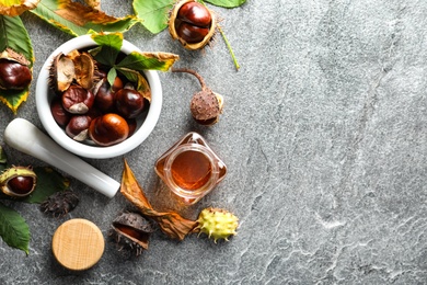 Flat lay composition with fresh horse chestnuts and extract on grey table. Space for text